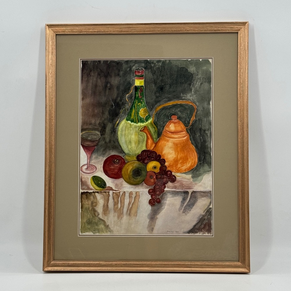 Vintage Original French Country Still Life Watercolor Fruit Wine Copper Pot